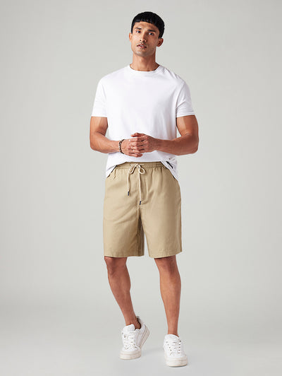 Men's Beige Baggy Fit Mid Rise Linen Shorts