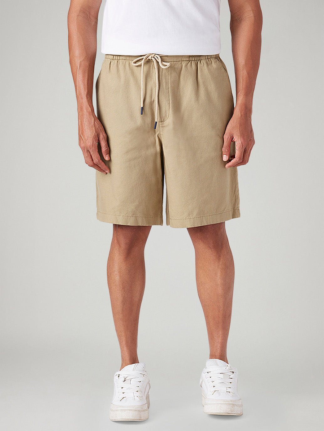 Men's Beige Baggy Fit Mid Rise Linen Shorts - Front View