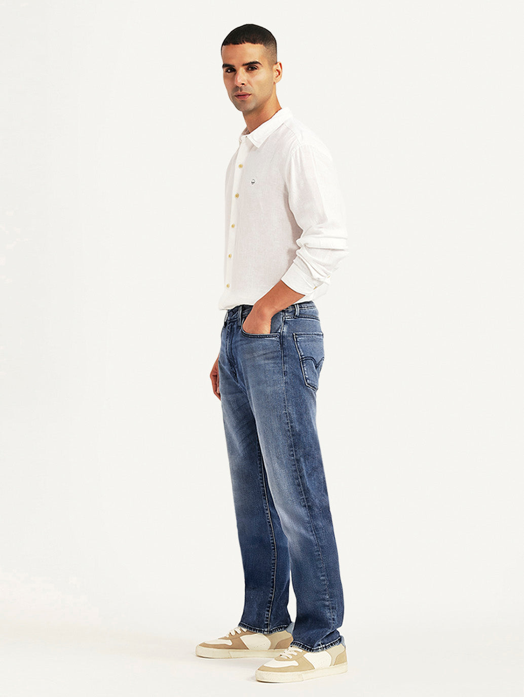 Men's Redloop 505 Blue Straight Fit Mid Rise Jeans - Side View