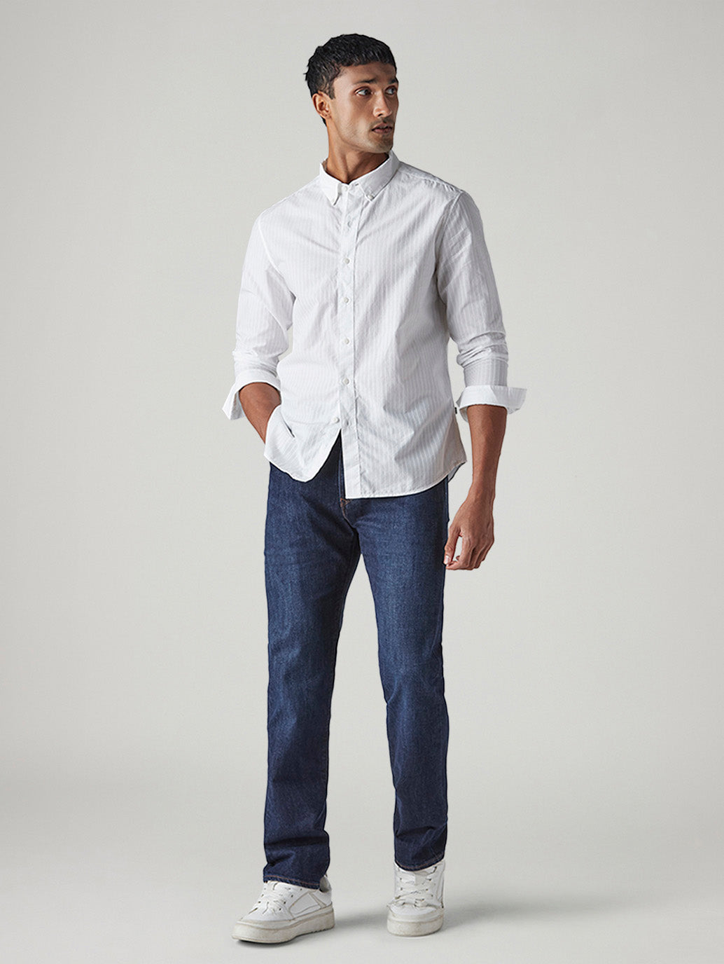 Men's 505 Dark Indigo Straight Fit Mid Rise Redloop Jeans - Styleshot View
