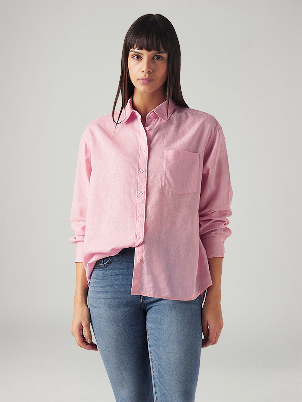 Women's Solid Relaxed Fit Linen Shirt - Styleshot View