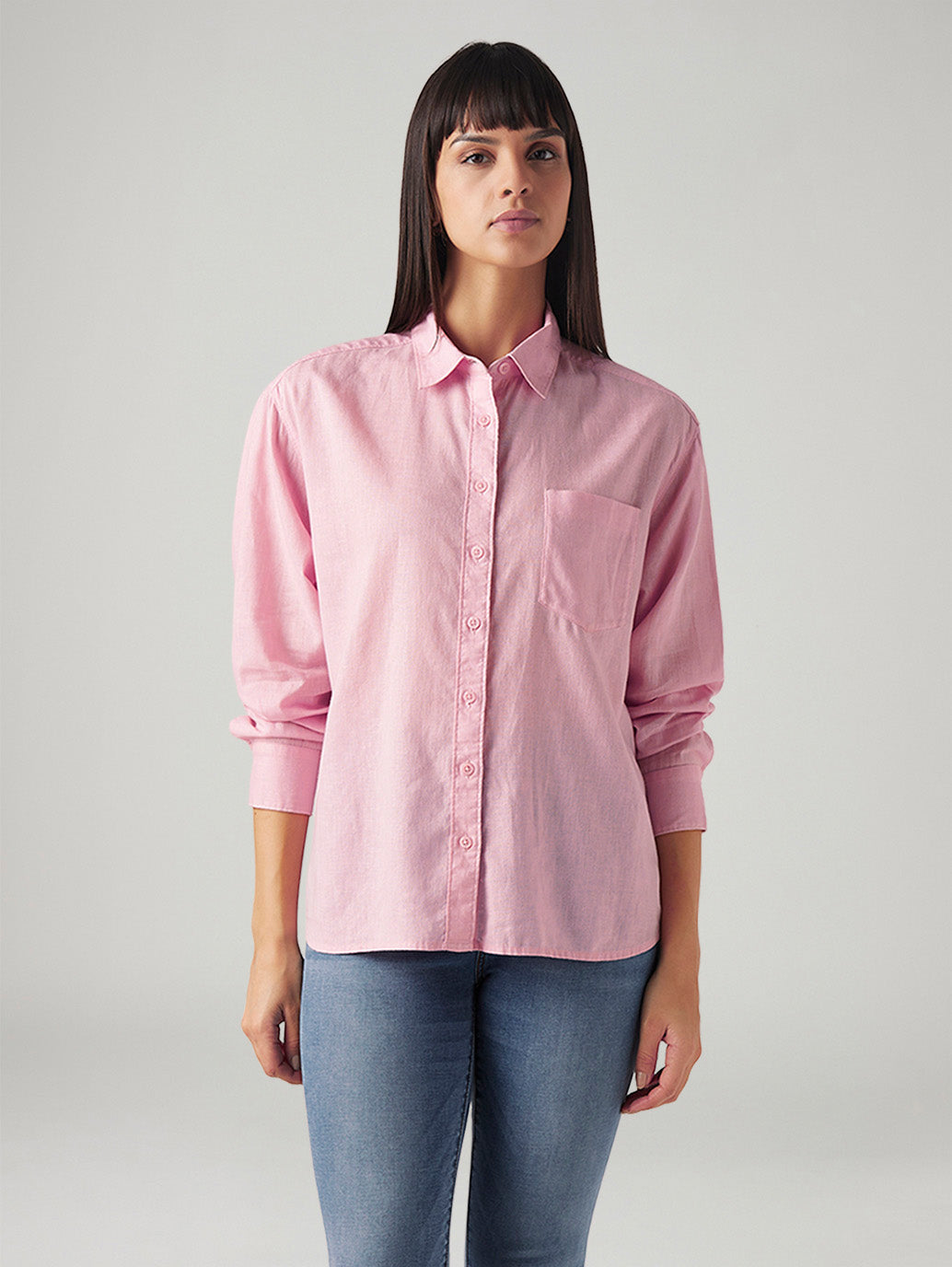 Women's Solid Relaxed Fit Linen Shirt - Front View