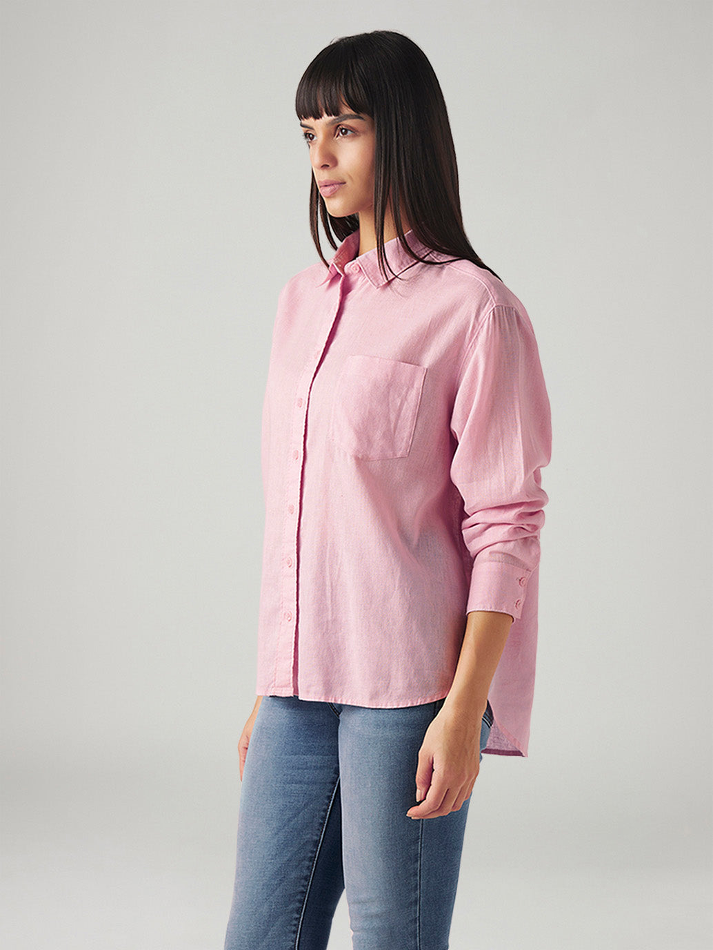 Women's Solid Relaxed Fit Linen Shirt - Side View