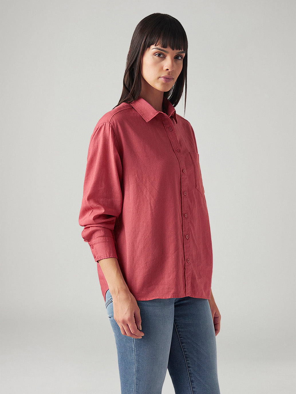 Women's Solid Relaxed Fit Linen Shirt - Side View