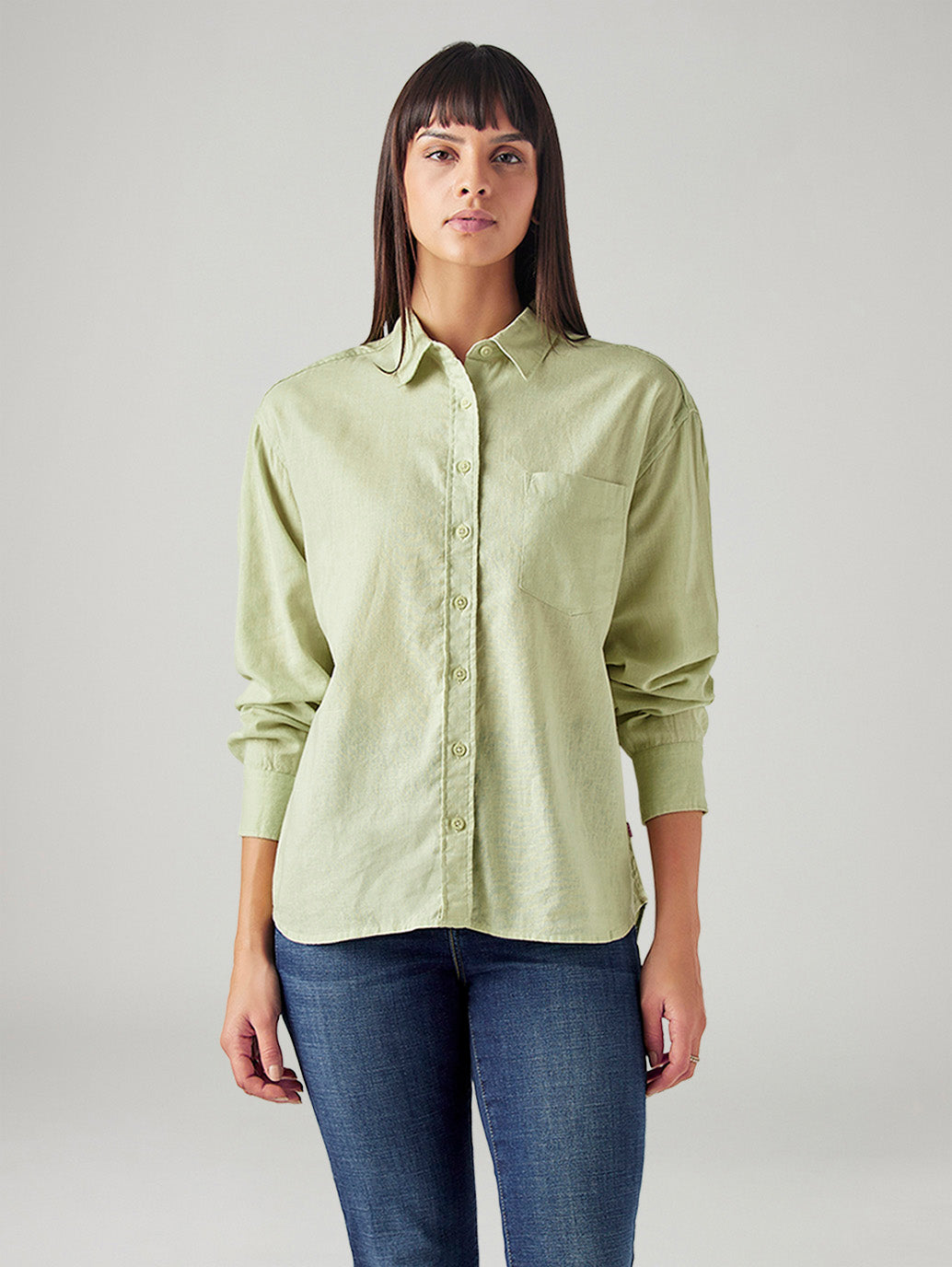 Women's Solid Relaxed Fit Linen Shirt - Front View