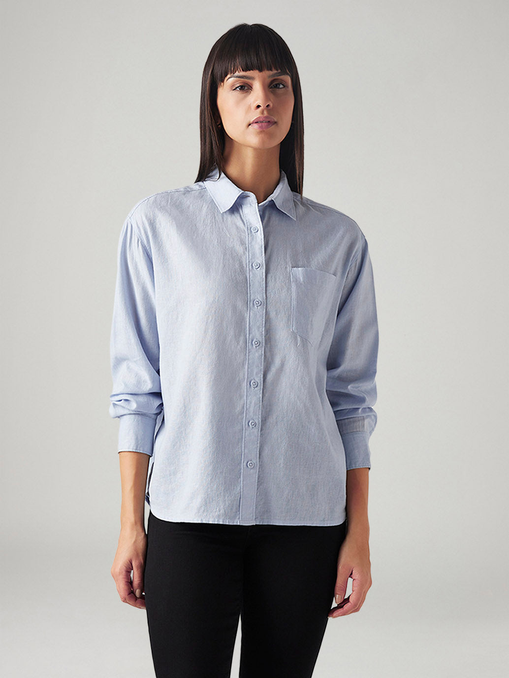 Women's Solid Relaxed Fit Linen Shirt - Front View