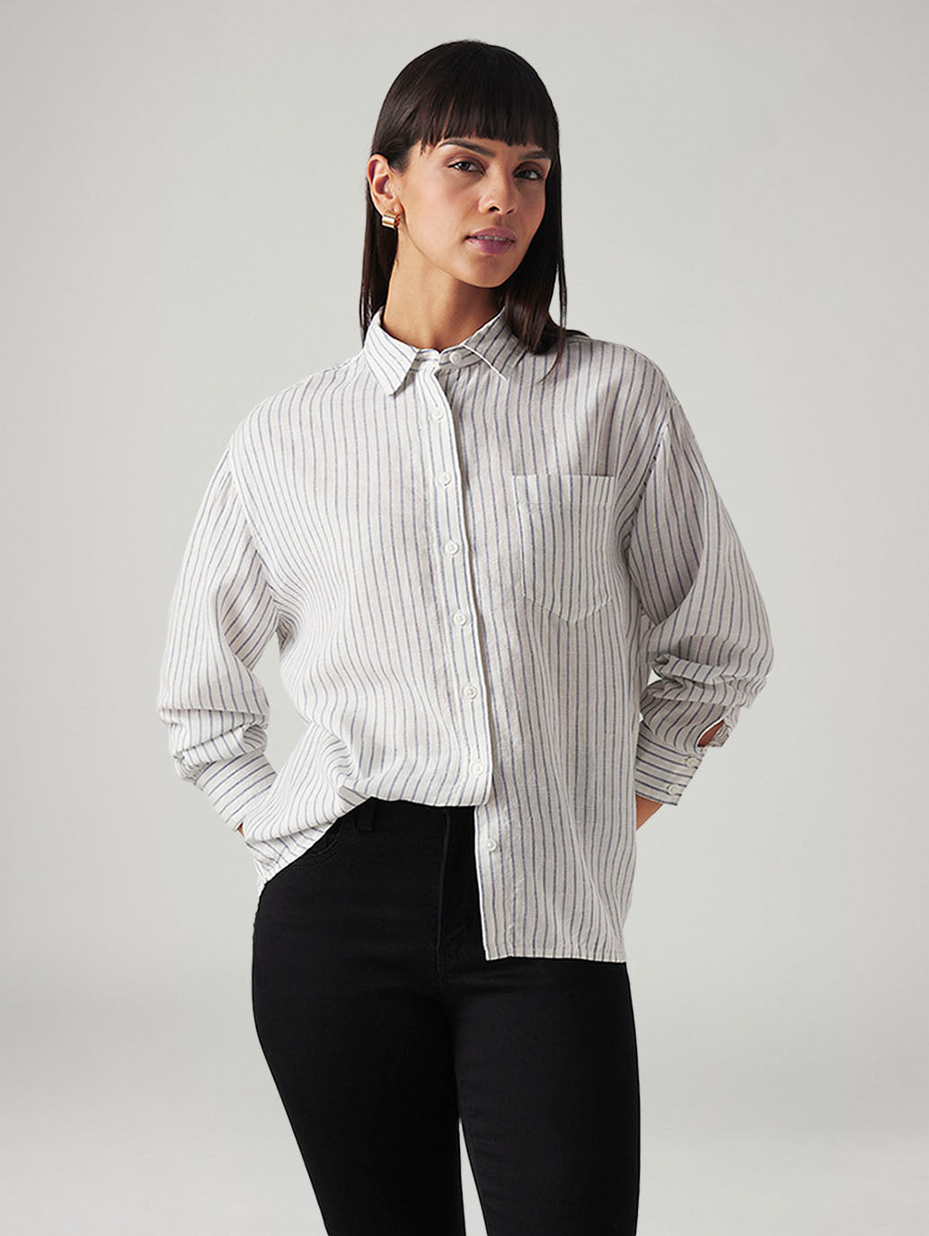 Women's Striped Relaxed Fit Linen Shirt - Styleshot View
