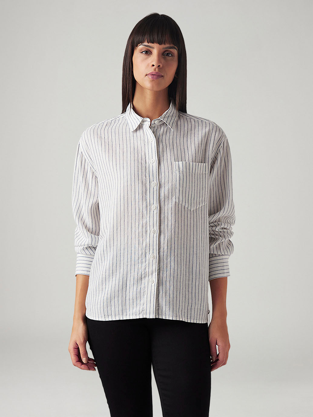 Women's Striped Relaxed Fit Linen Shirt - Front View
