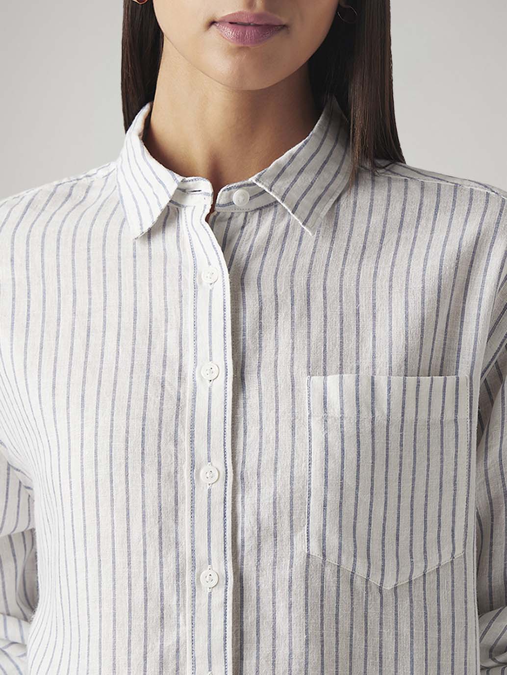 Women's Striped Relaxed Fit Linen Shirt - Detail View