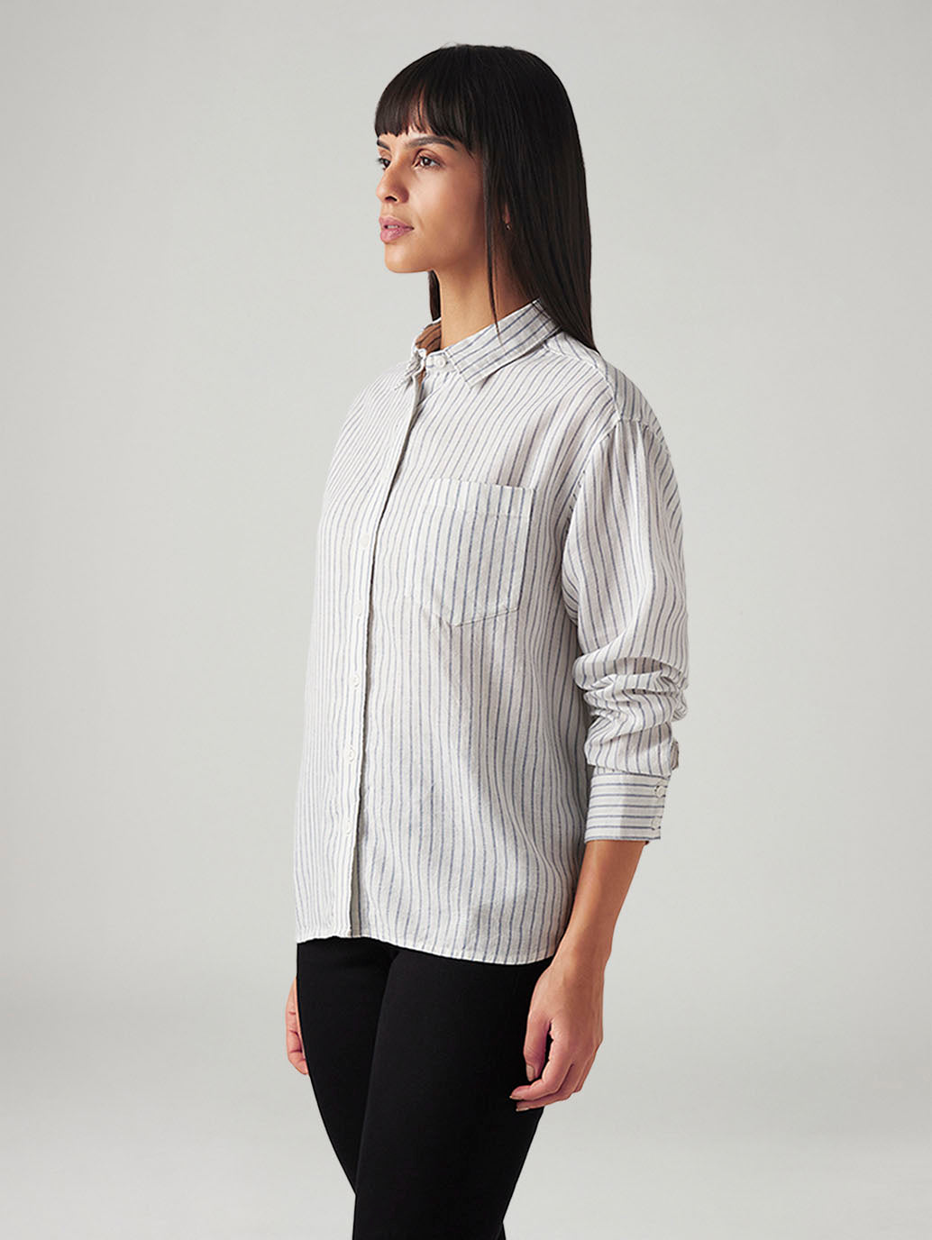 Women's Striped Relaxed Fit Linen Shirt - Side View