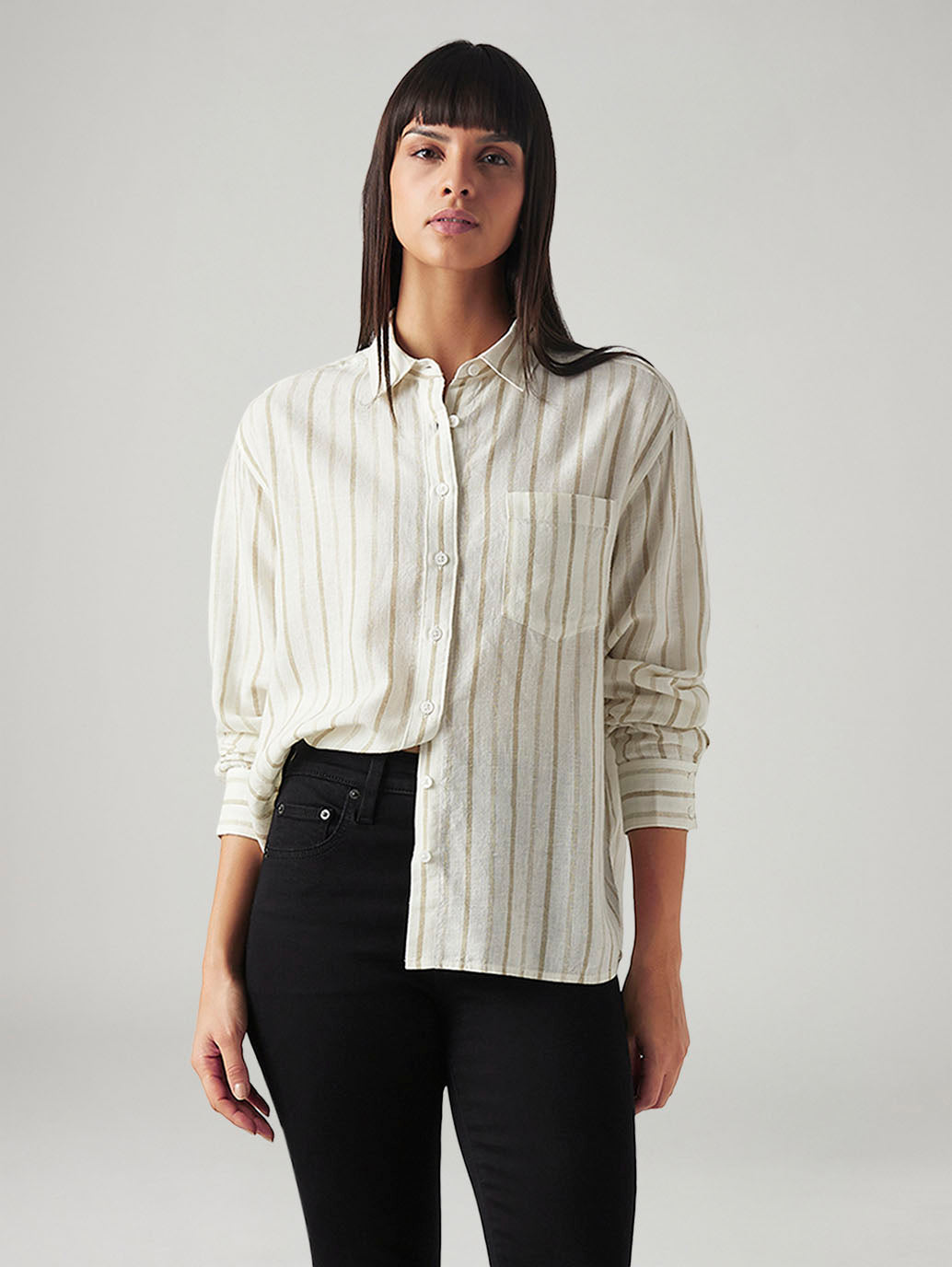 Women's Striped Relaxed Fit Linen Shirt - Styleshot View