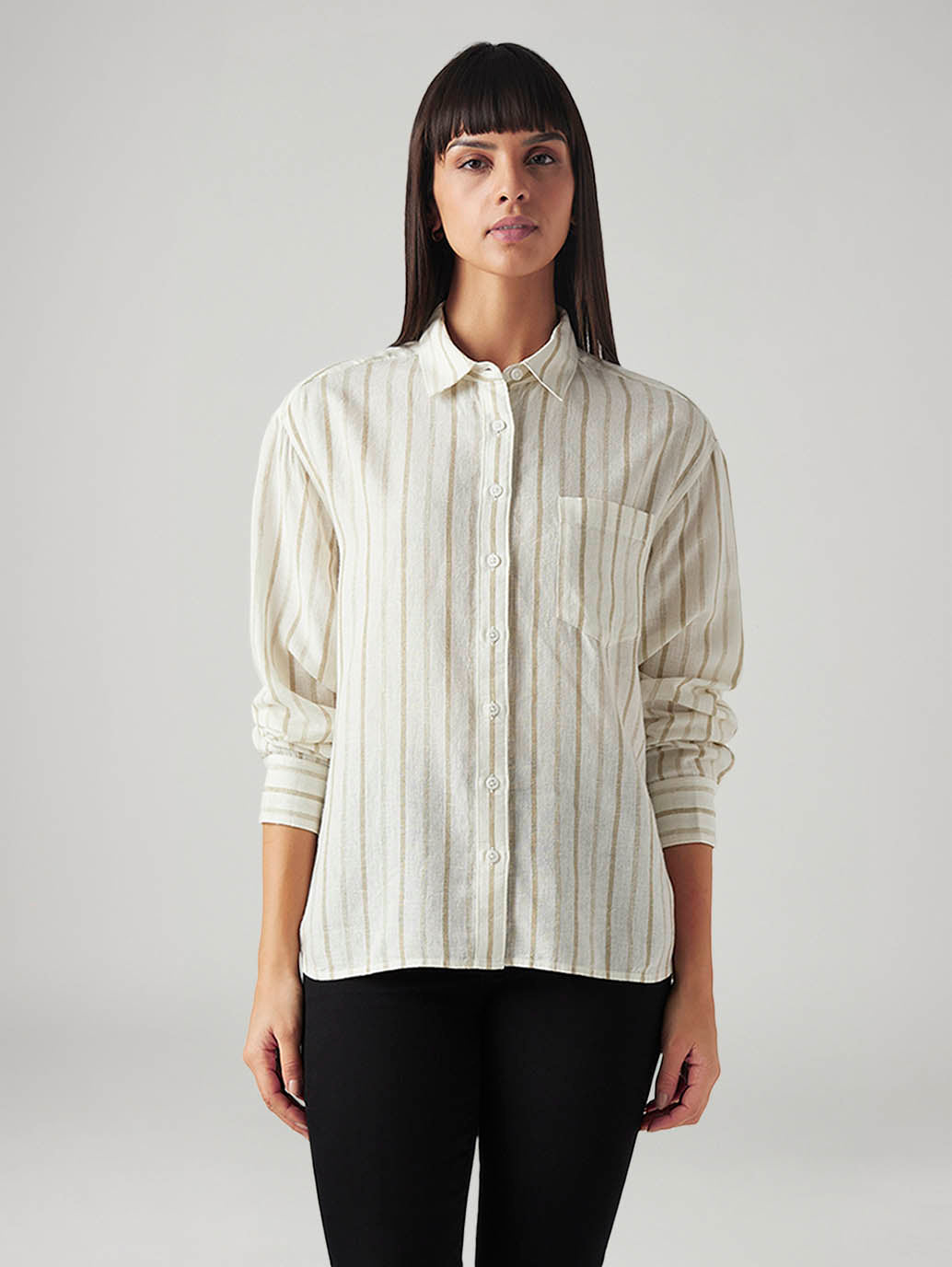 Women's Striped Relaxed Fit Linen Shirt - Front View