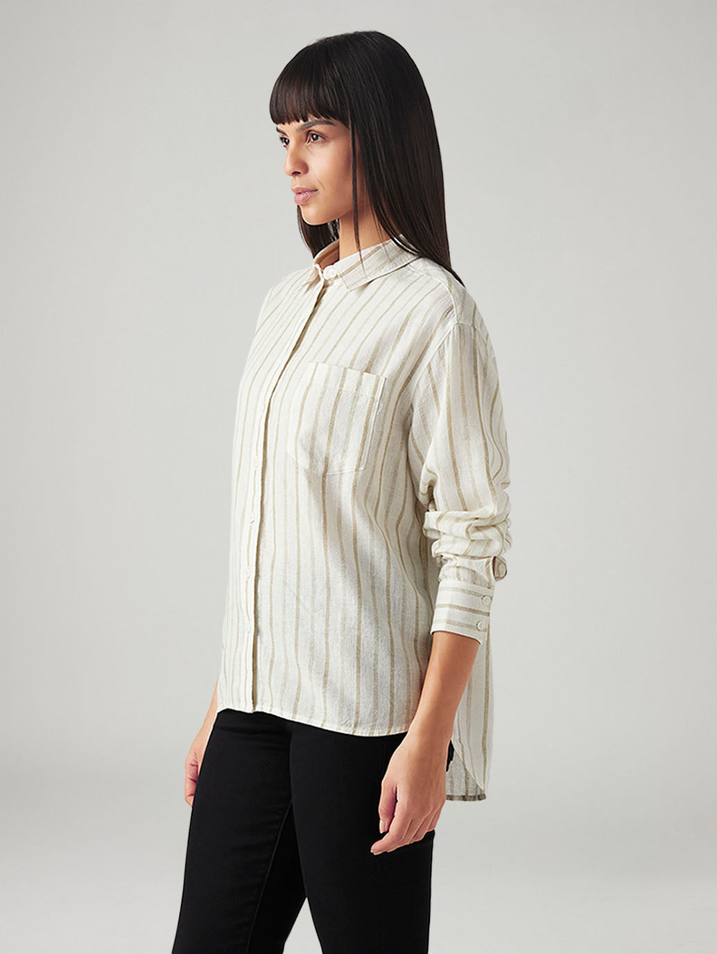 Women's Striped Relaxed Fit Linen Shirt - Side View