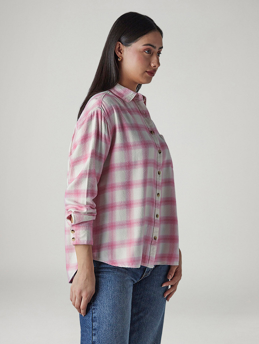 Women's Checkered Pink Relaxed Fit Shirt - Side View