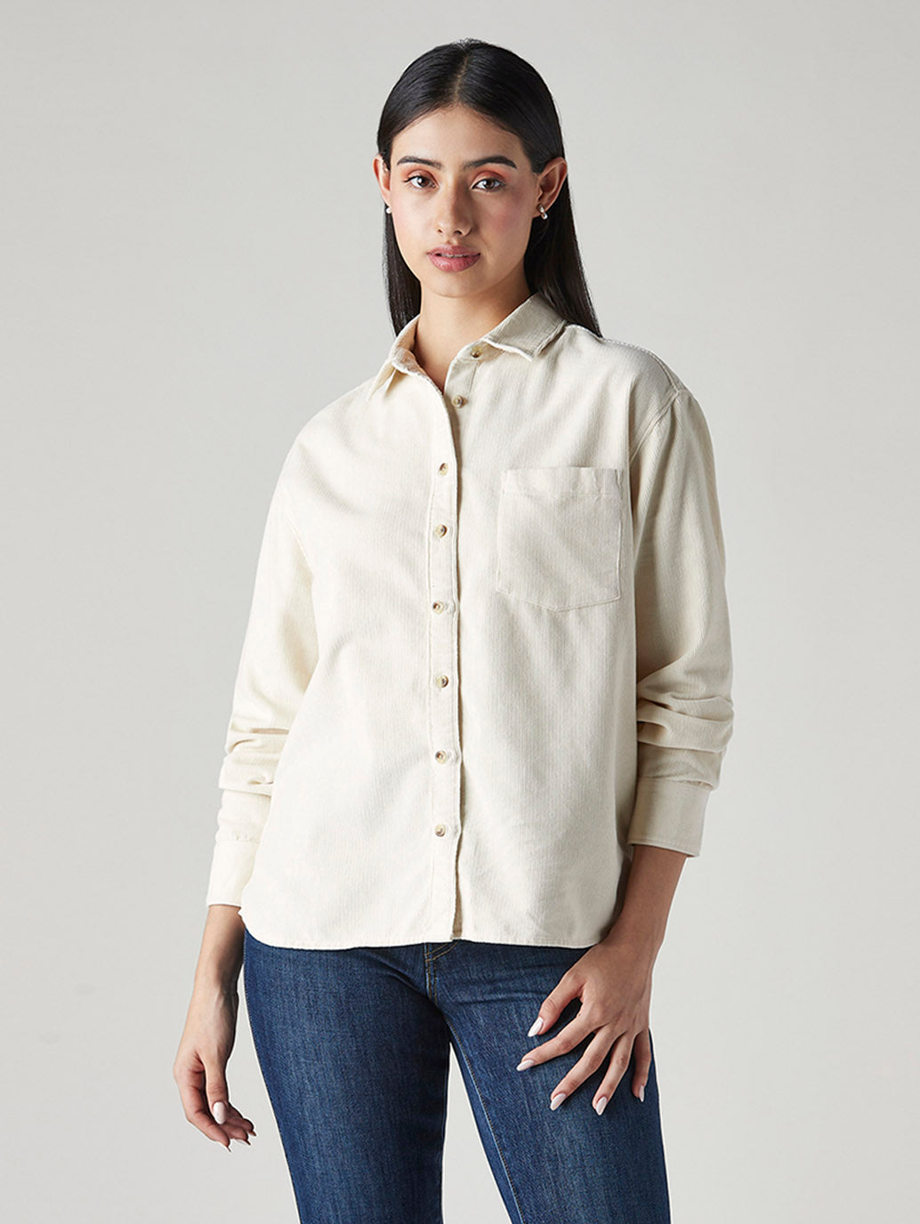 Women's Solid Relaxed Fit Corduroy Shirt - Front View