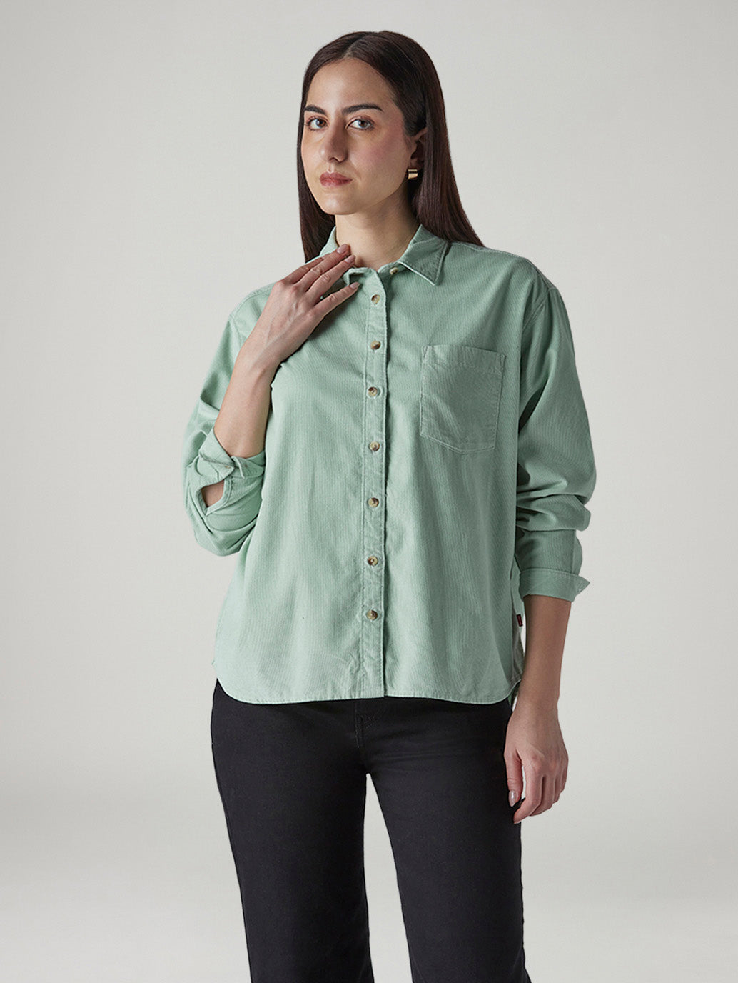Women's Solid Relaxed Fit Corduroy Overshirt - Front View