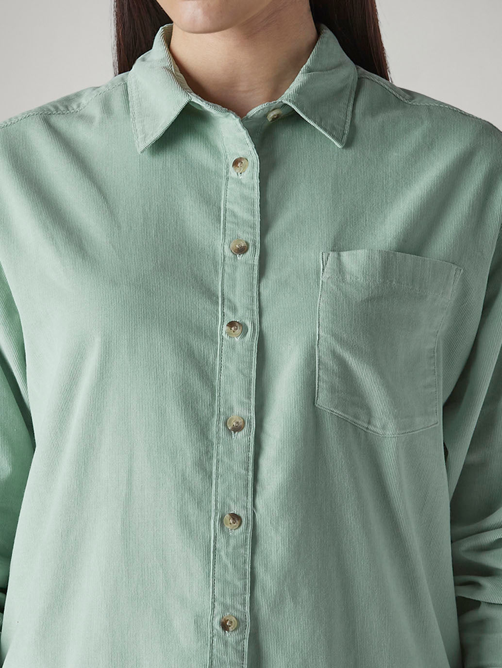 Women's Solid Relaxed Fit Corduroy Overshirt - detail View