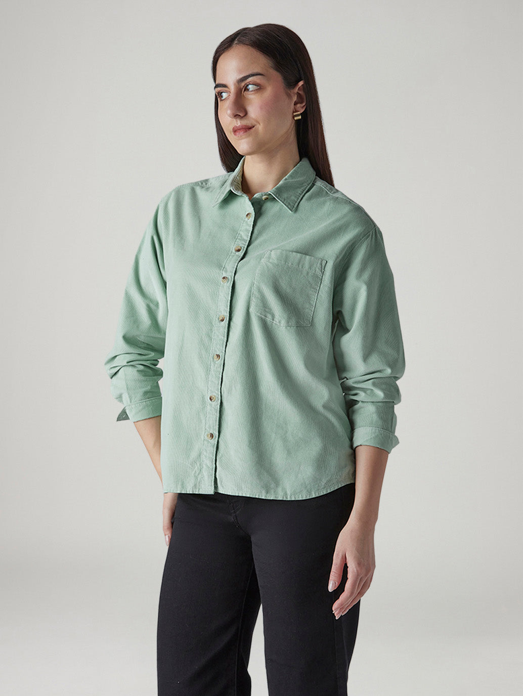 Women's Solid Relaxed Fit Corduroy Overshirt - Side View