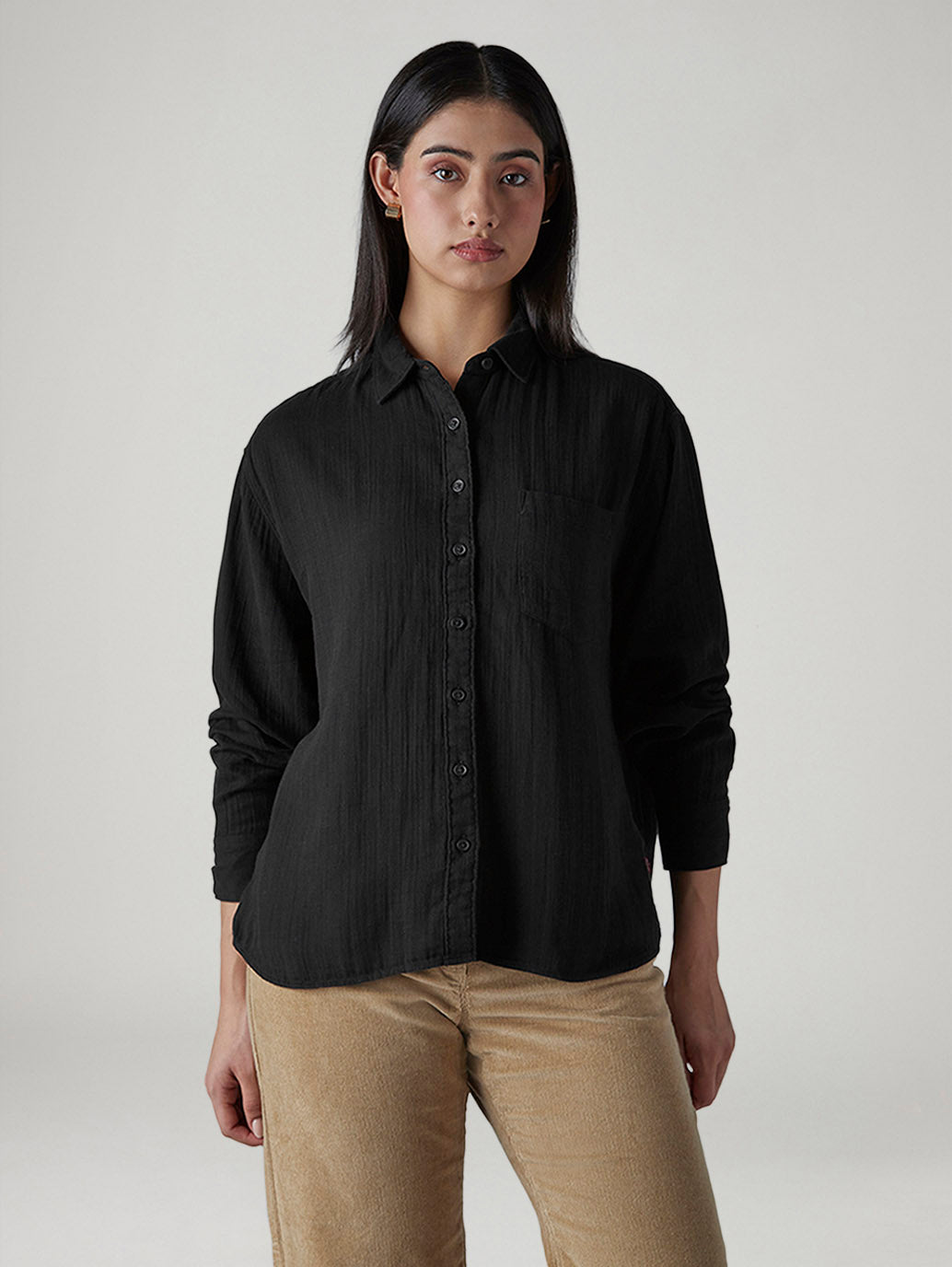 Women's Solid Relaxed Fit Double Cloth Shirt - Front View