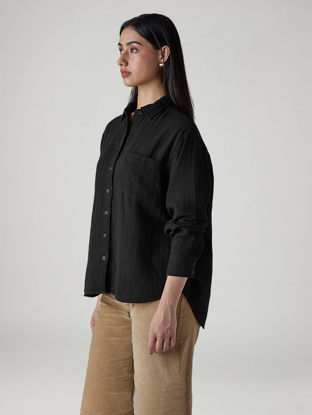 Women's Solid Relaxed Fit Double Cloth Shirt - Side View