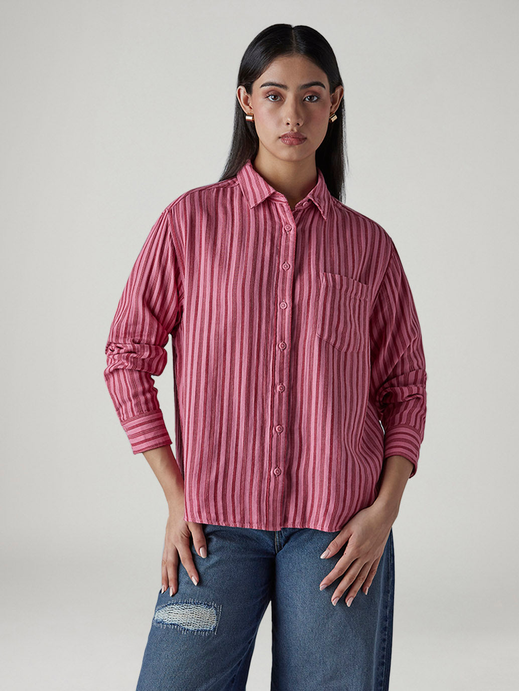 Women's Striped Relaxed Fit Shirt - Front View