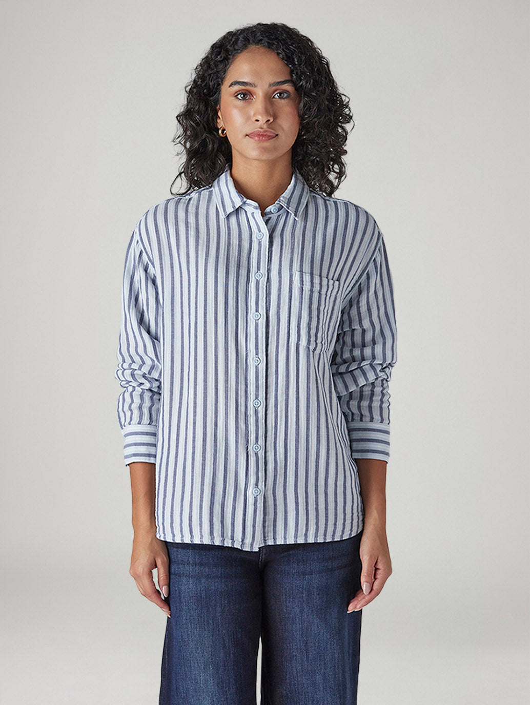 Women's Striped Relaxed Fit Double Cloth Shirt - Front View