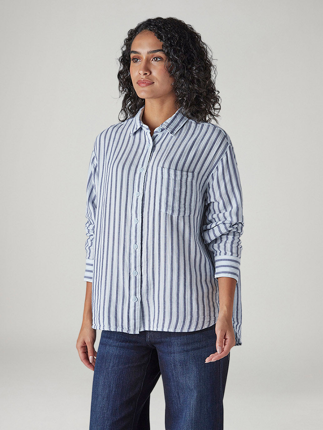 Women's Striped Relaxed Fit Double Cloth Shirt - Side View