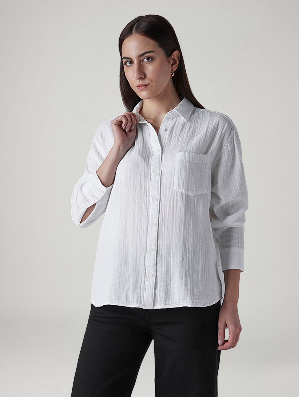 Women's Textured Relaxed Fit Double Cloth Shirt - Front View