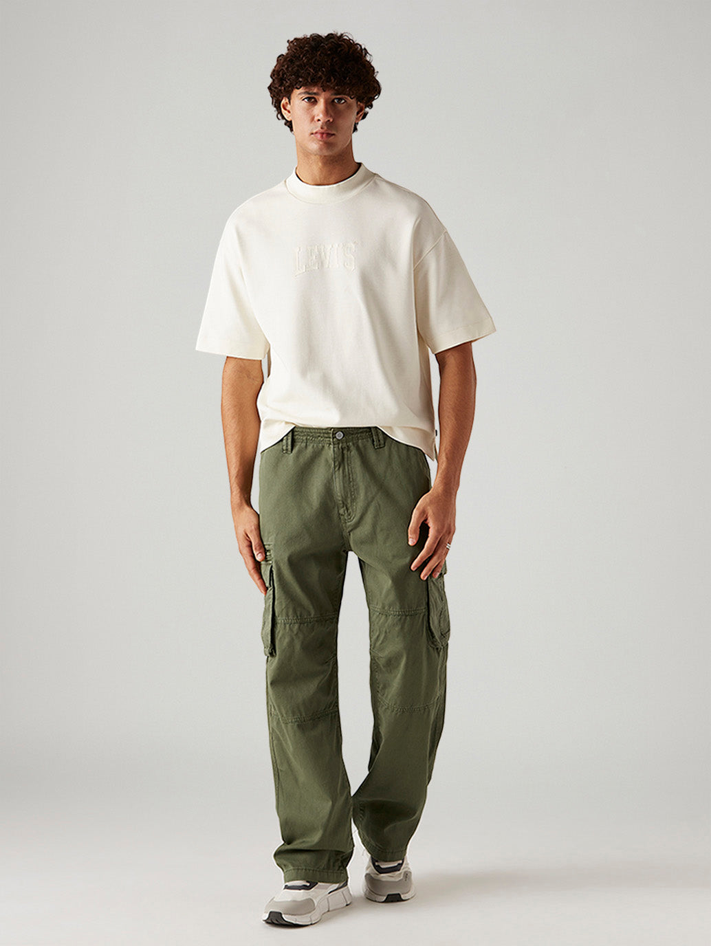 Men's Olive Baggy Fit Mid Rise Cargo Trousers - Styleshot View