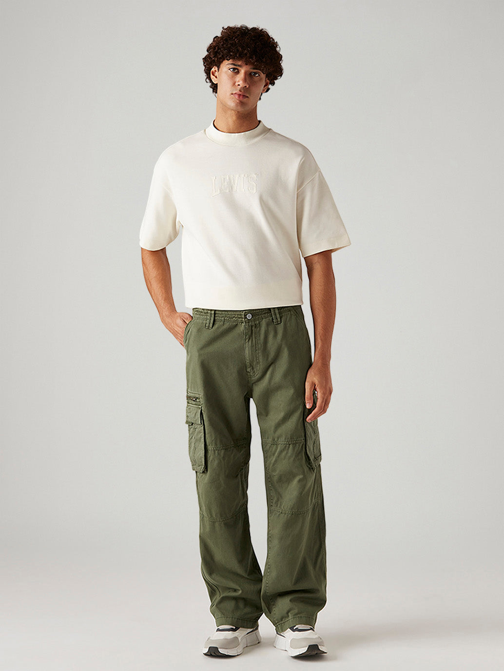 Men's Olive Baggy Fit Mid Rise Cargo Trousers