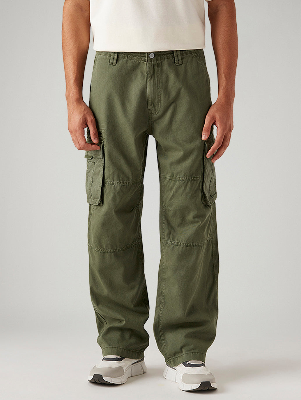 Men's Olive Baggy Fit Mid Rise Cargo Trousers - Front View