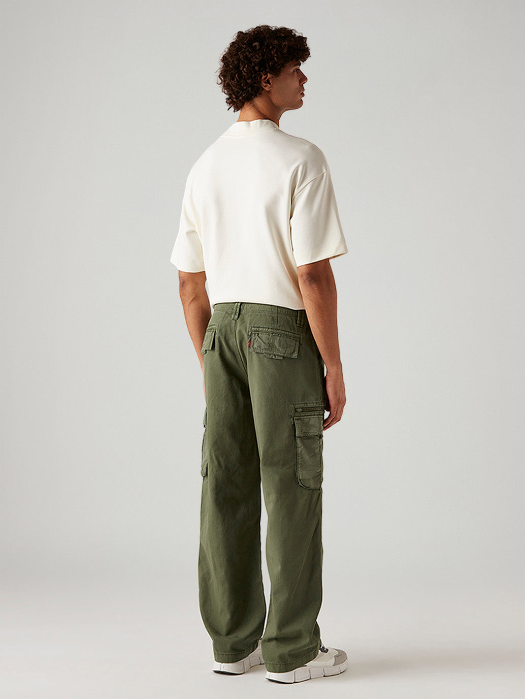 Men's Olive Baggy Fit Mid Rise Cargo Trousers - Back View