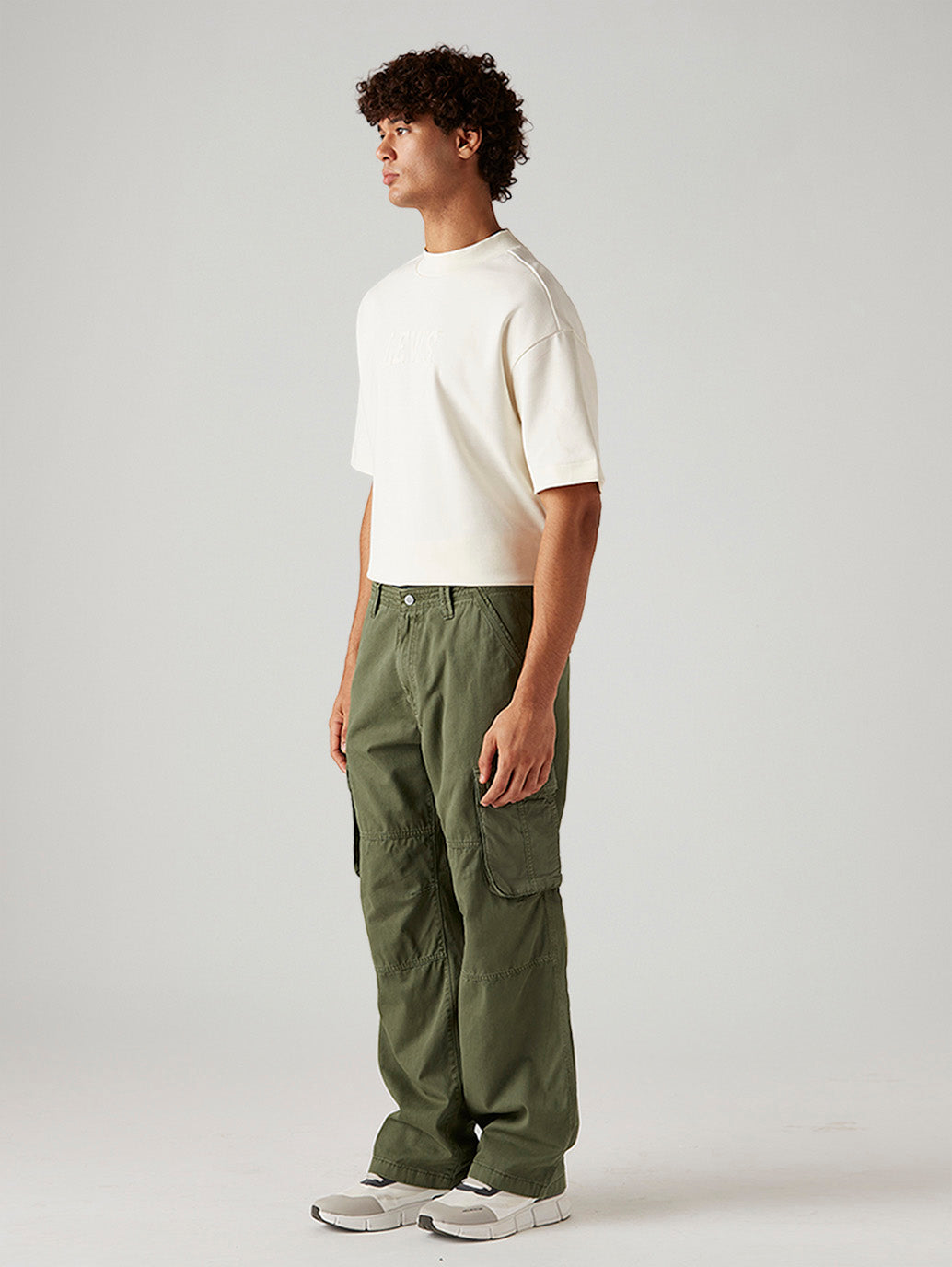 Men's Olive Baggy Fit Mid Rise Cargo Trousers - Side View
