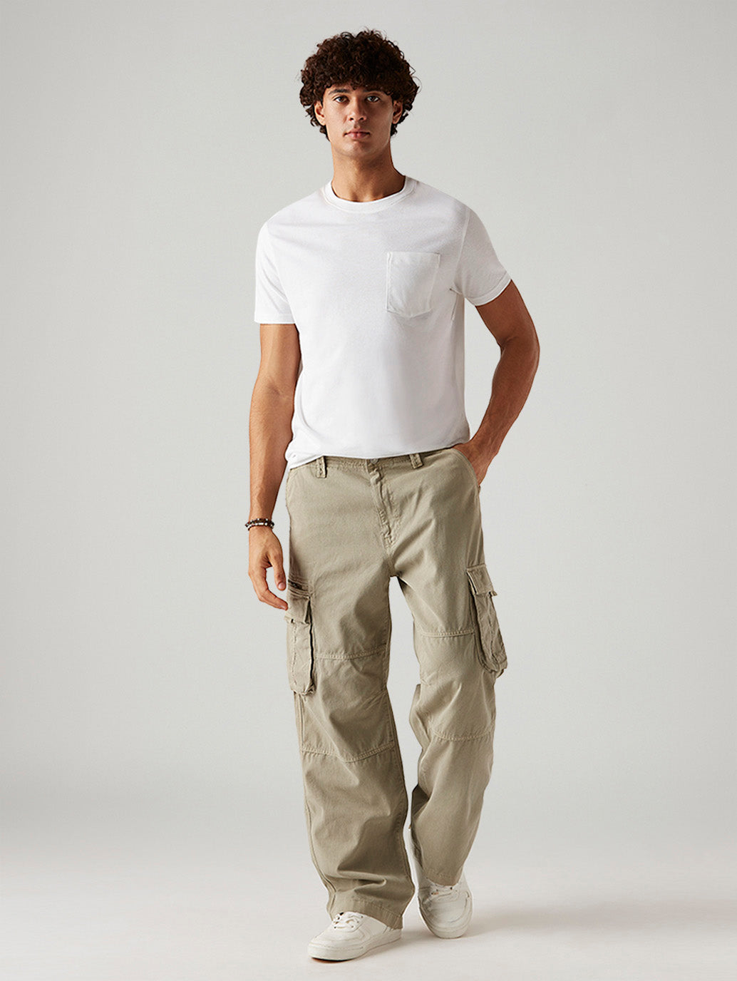Men's Beige Baggy Fit Mid Rise Cargos