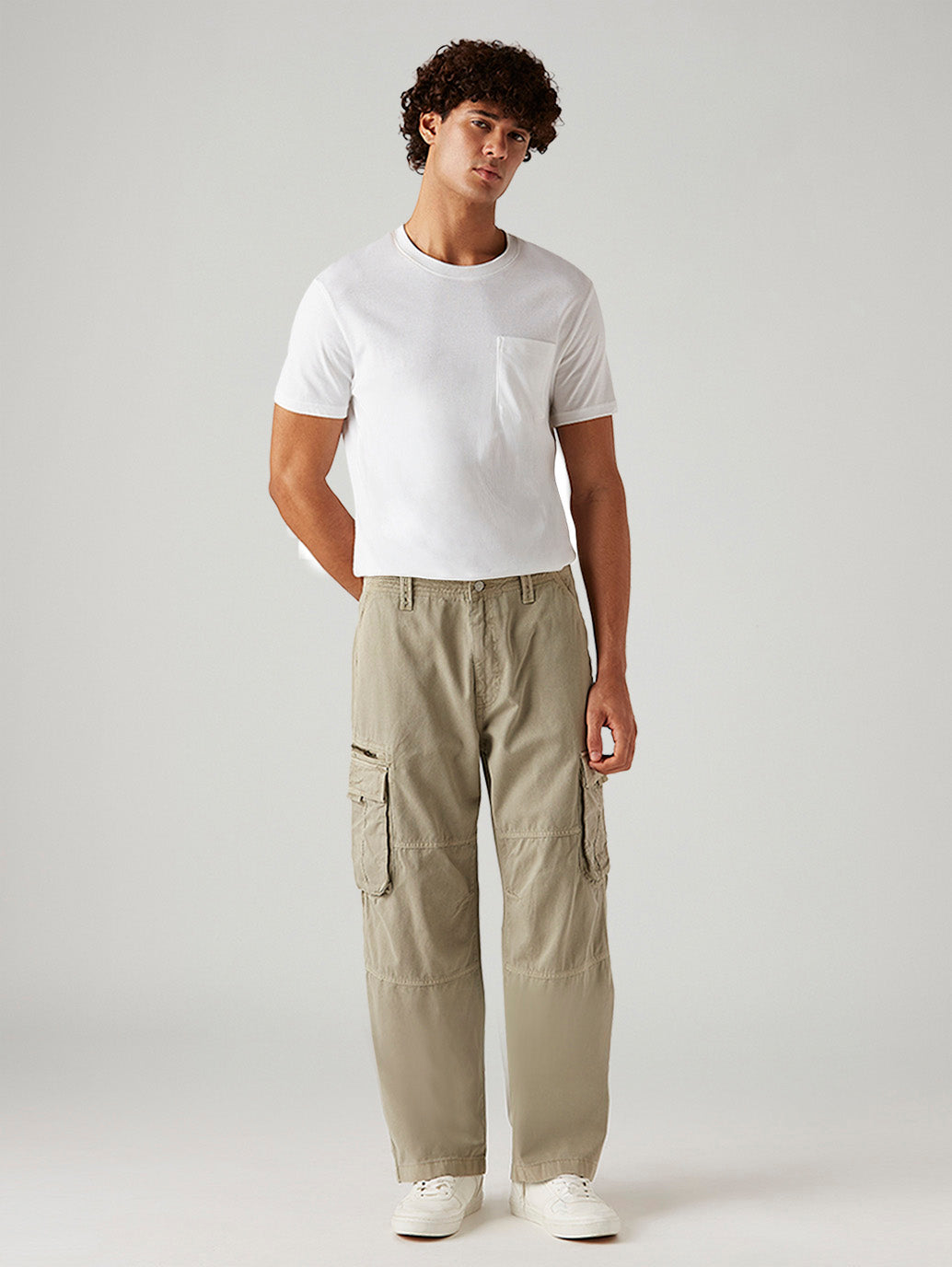 Men's Beige Baggy Fit Mid Rise Cargos - Front View