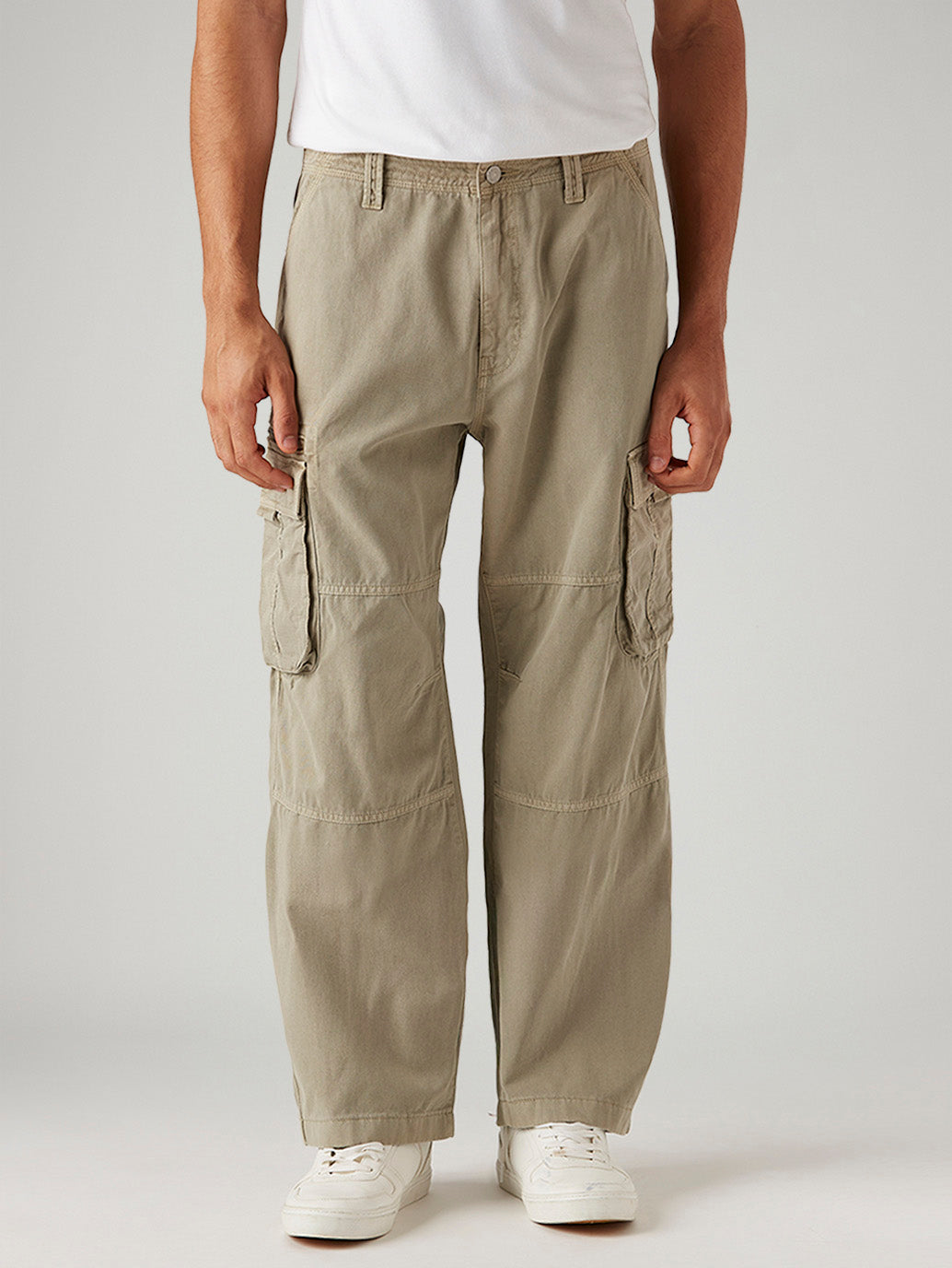 Men's Beige Baggy Fit Mid Rise Cargos - Front View