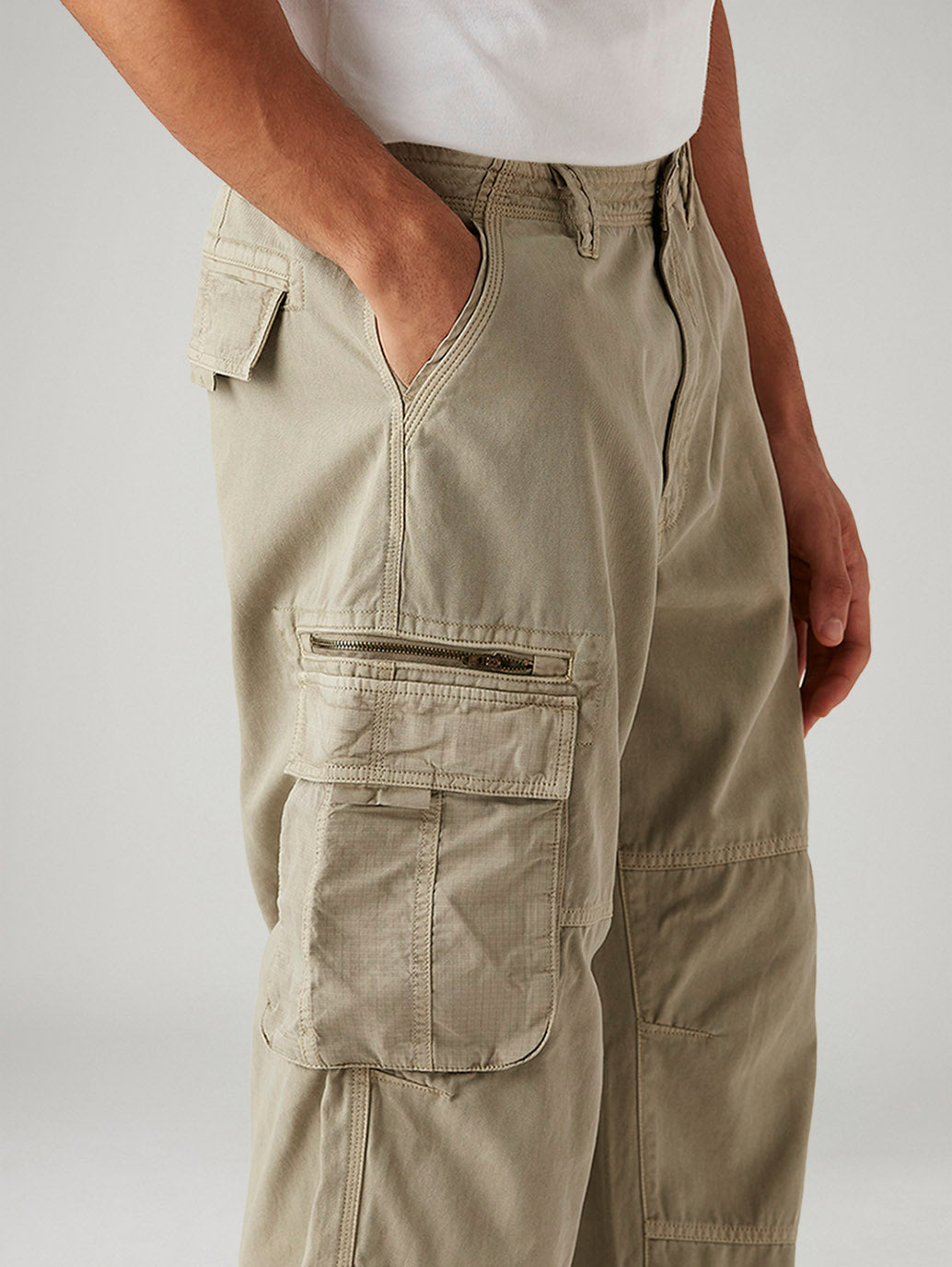 Men's Beige Baggy Fit Mid Rise Cargos - Detail View