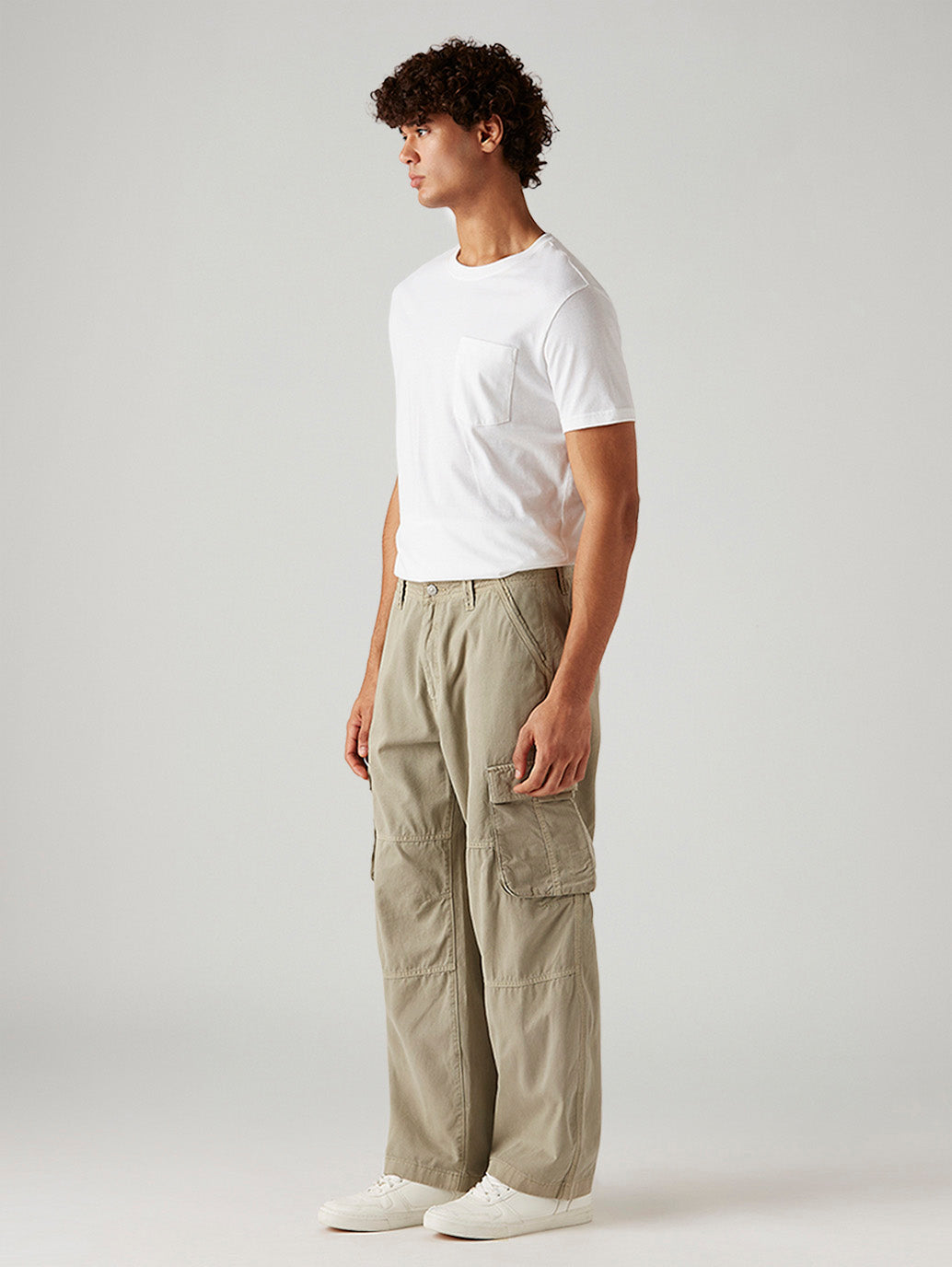Men's Beige Baggy Fit Mid Rise Cargos - Side View