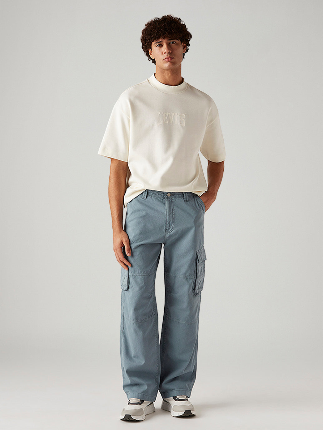 Men's Blue Baggy Fit Mid Rise Cargos - Styleshot View