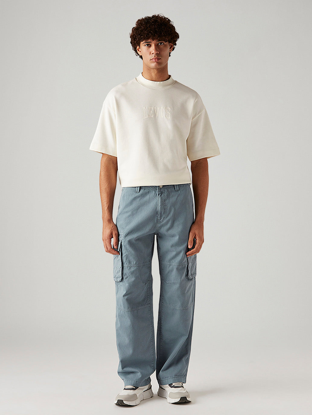 Men's Blue Baggy Fit Mid Rise Cargos - Front View