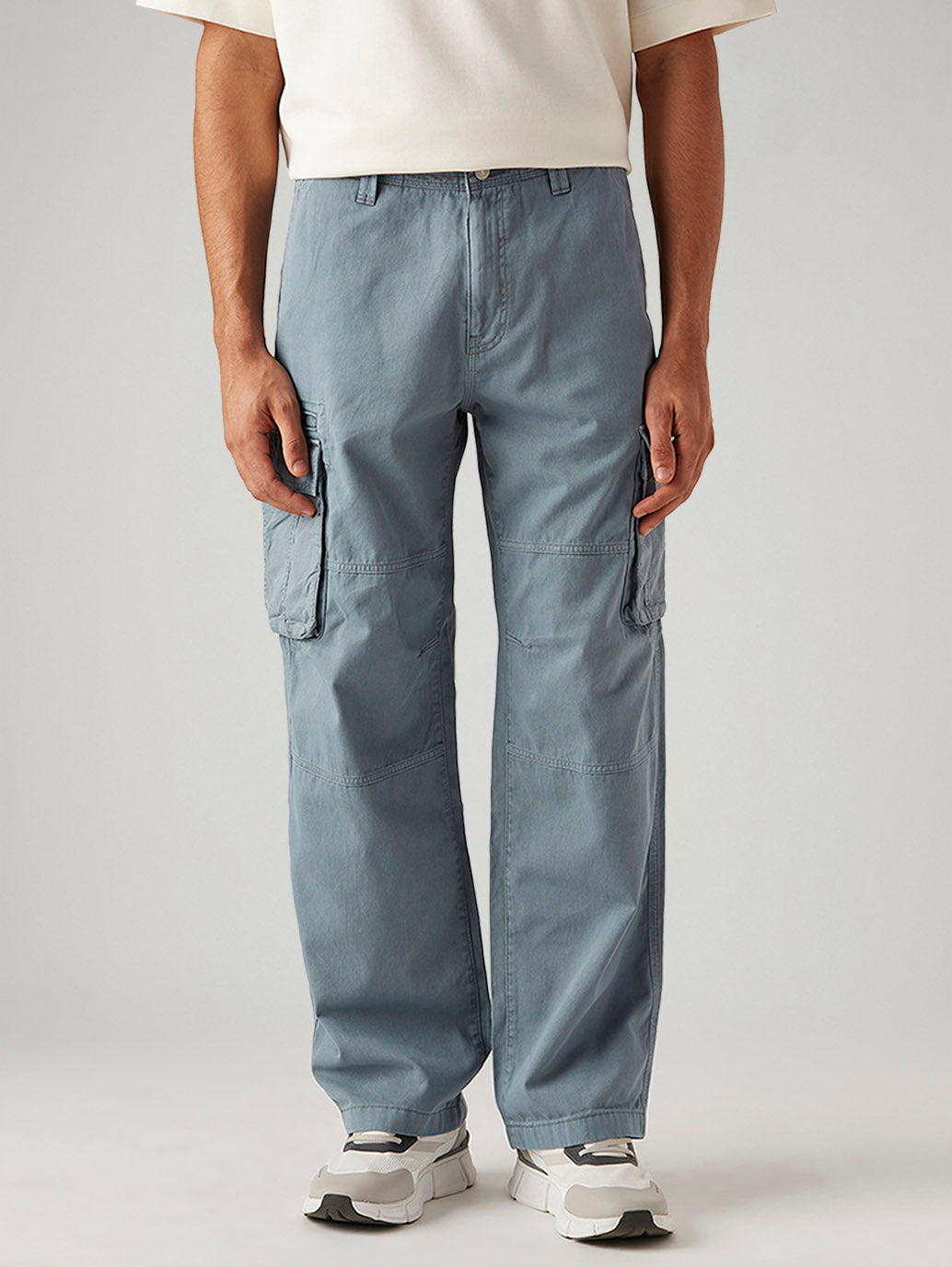 Men's Blue Baggy Fit Mid Rise Cargos - Front View