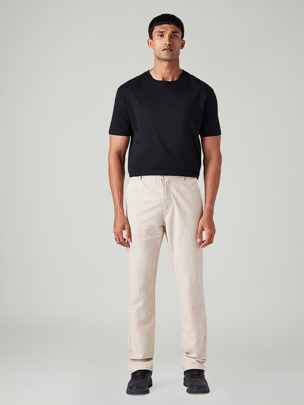 Men's Cream Authentic Relaxed Fit Mid Rise Linen Chinos - Front View
