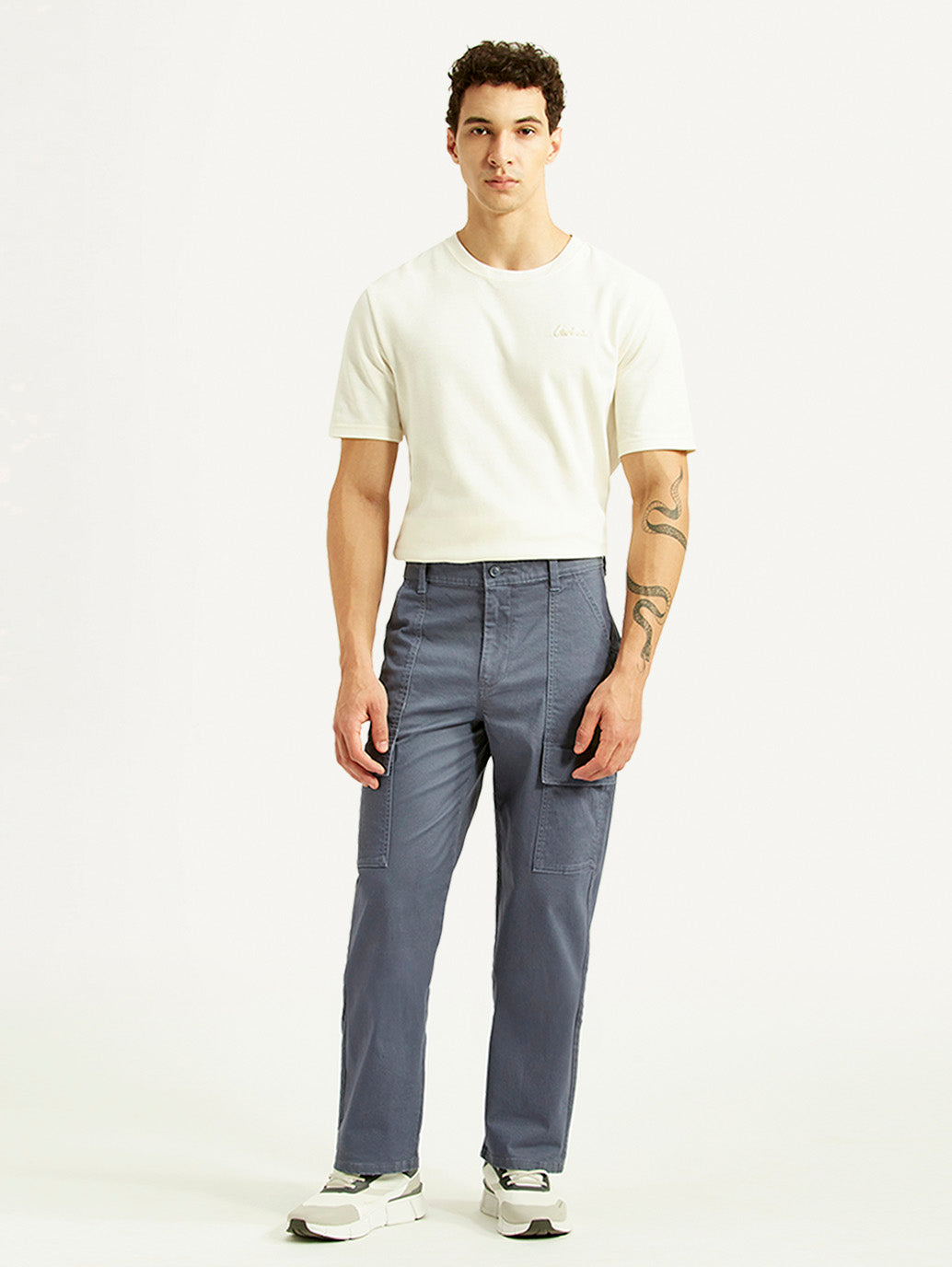 Men's Grey Straight Fit Mid Rise Commuter Cargos - Front View