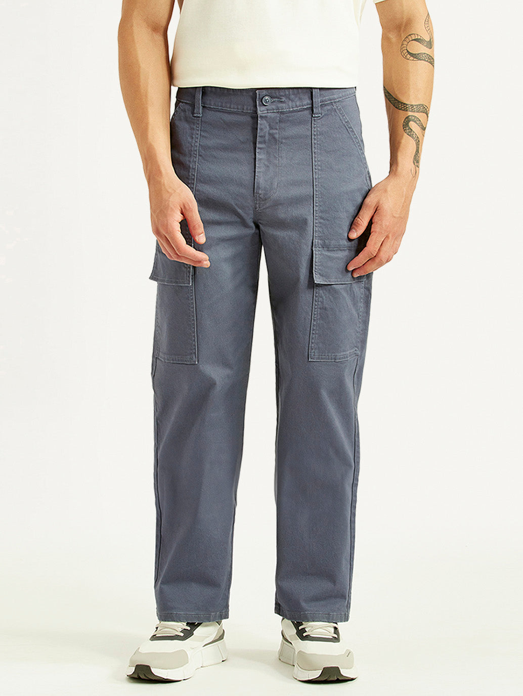 Men's Grey Straight Fit Mid Rise Commuter Cargos - Front View