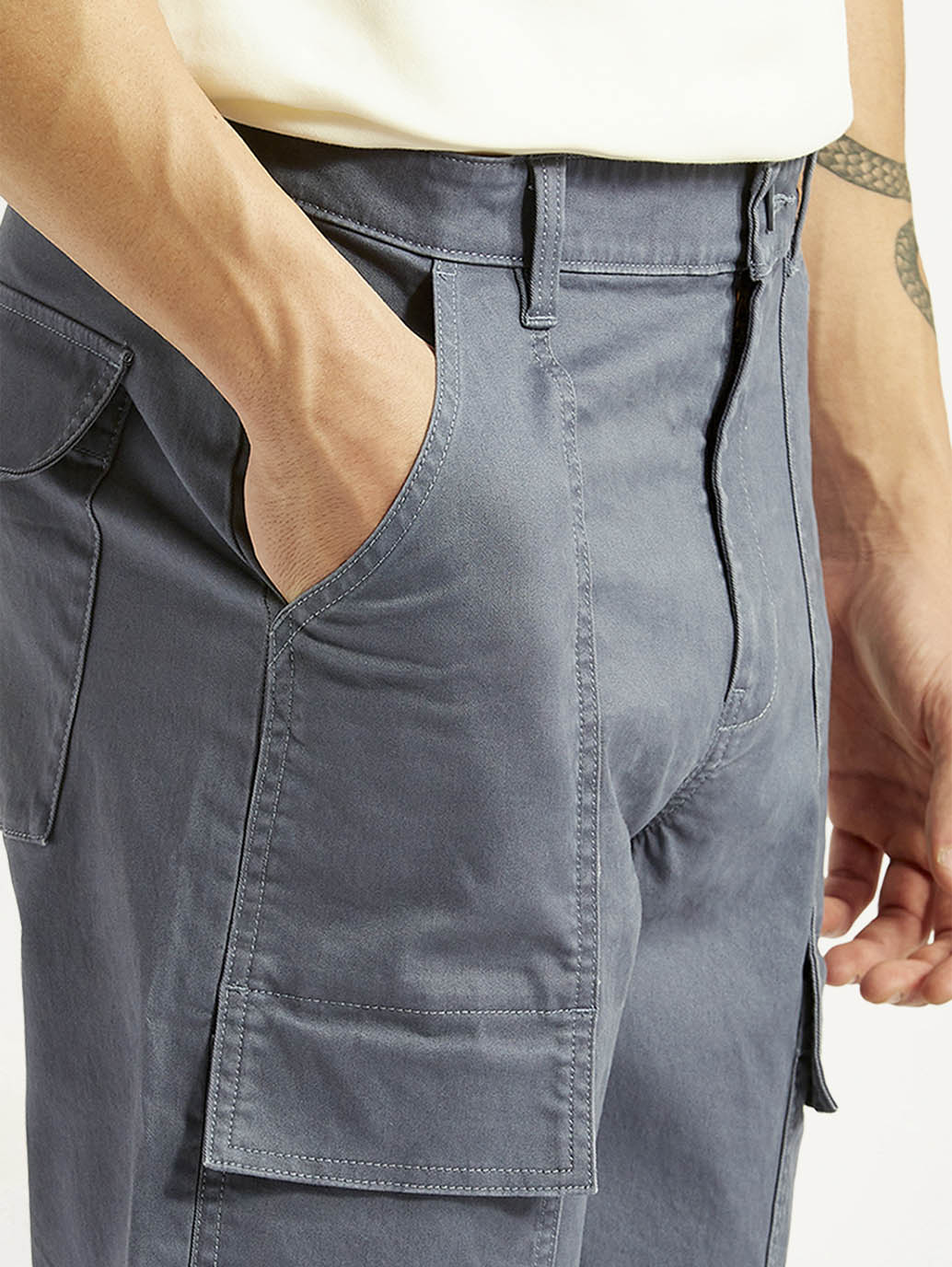 Men's Grey Straight Fit Mid Rise Commuter Cargos - Detail View