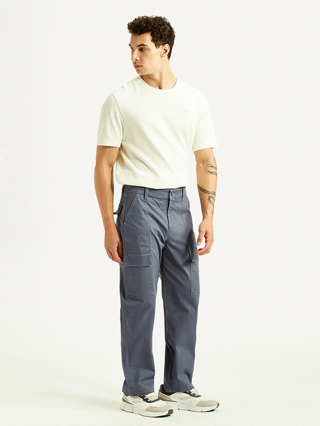 Men's Grey Straight Fit Mid Rise Commuter Cargos - Side View