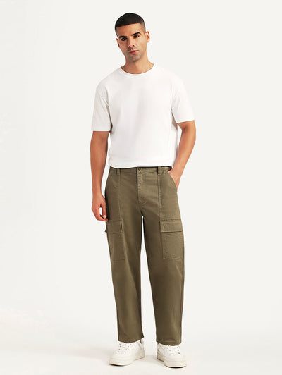 Men's Olive Straight Fit Mid Rise Cargos