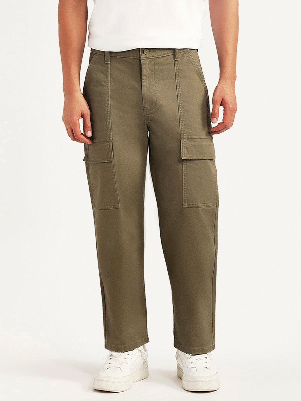 Men's Olive Straight Fit Mid Rise Commuter Cargos - Front View