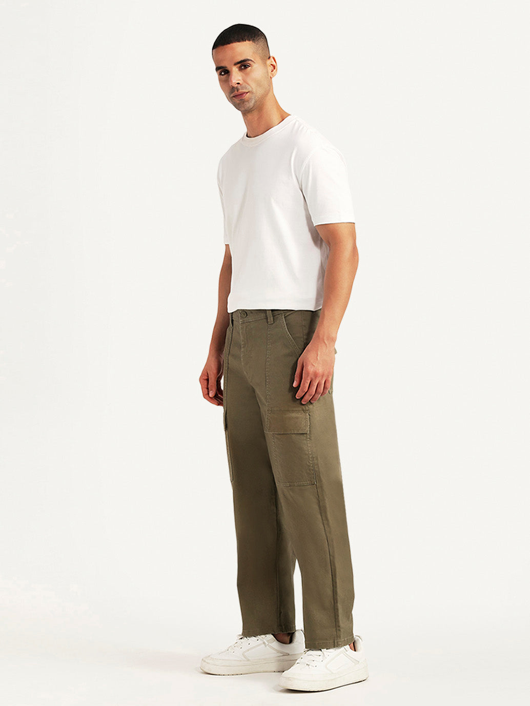 Men's Olive Straight Fit Mid Rise Commuter Cargos - Side View