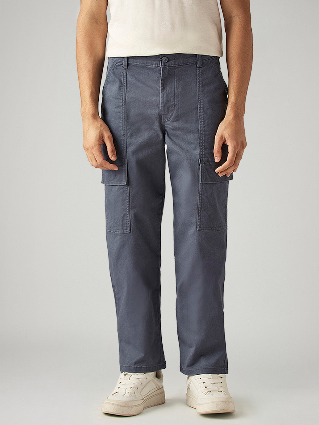 Men's Grey Straight Fit Commuter Mid Rise Trousers - Front View